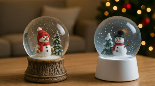 Deux boules à neige posées côte à côte sur une table : l'une artisanale avec détails fins en verre, l'autre industrielle en plastique avec lumière intégrée