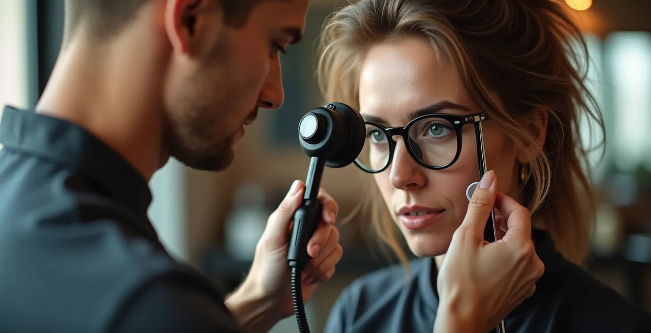 Expert coiffeur analysant la structure capillaire avec instruments professionnels