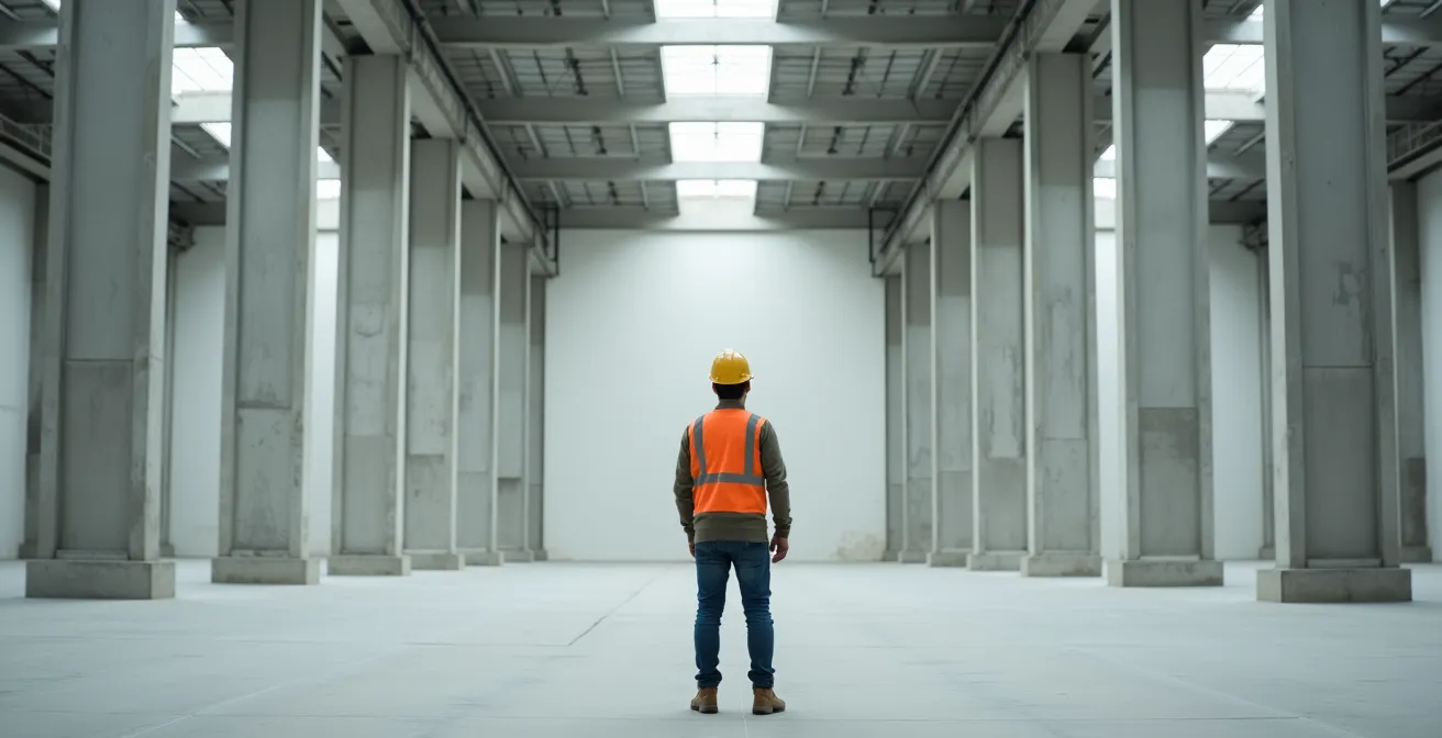 Ouvrier en équipement multi-normé sur chantier, vue d'ensemble