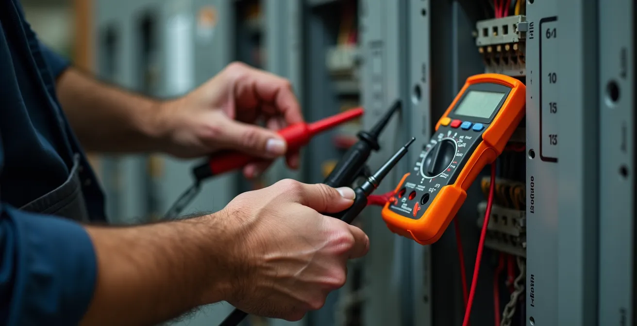 Gros plan sur main d'électricien testant un tableau électrique avec multimètre