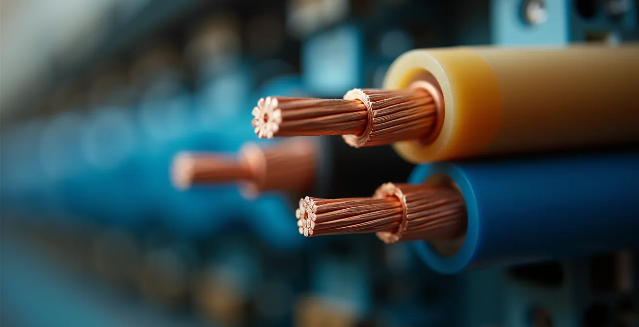 Vue macro détaillée des câbles triphasés colorés dans un tableau électrique