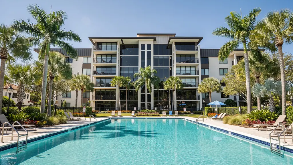 Résidence de condominiums moderne en Floride avec piscine et palmiers