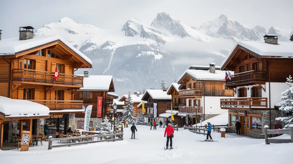 Vue panoramique des villages de Courchevel avec chalets traditionnels et sommets enneigés des Alpes