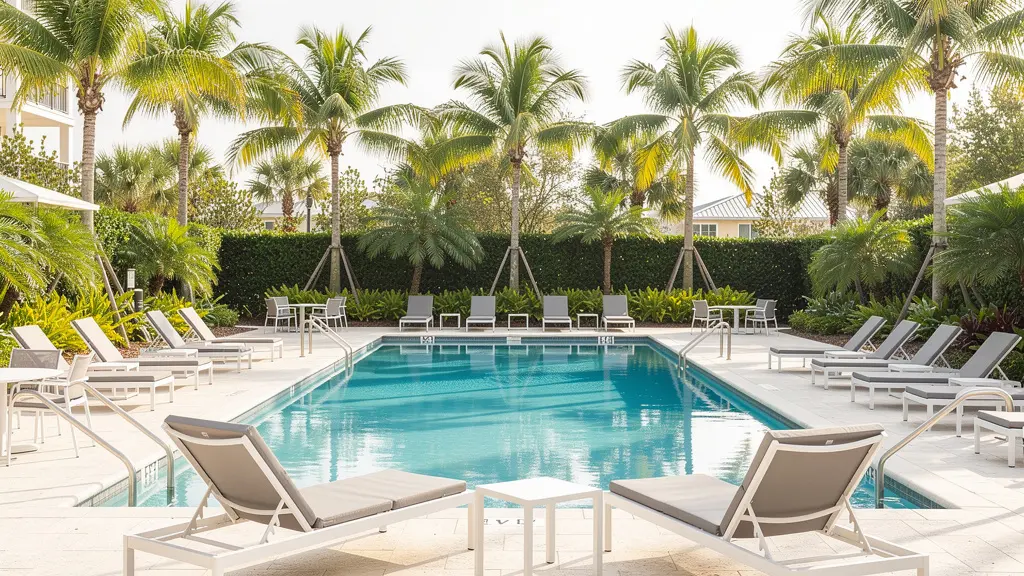 Piscine communautaire de résidence en Floride avec transats et palmiers