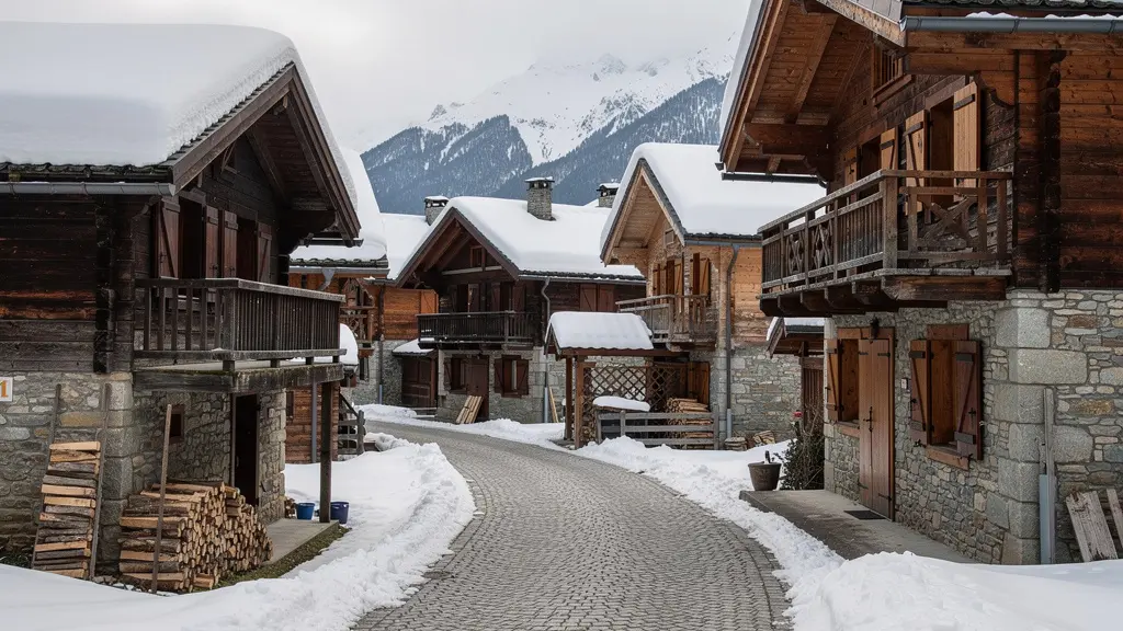 Rue authentique d'un village savoyard avec chalets traditionnels sous la neige