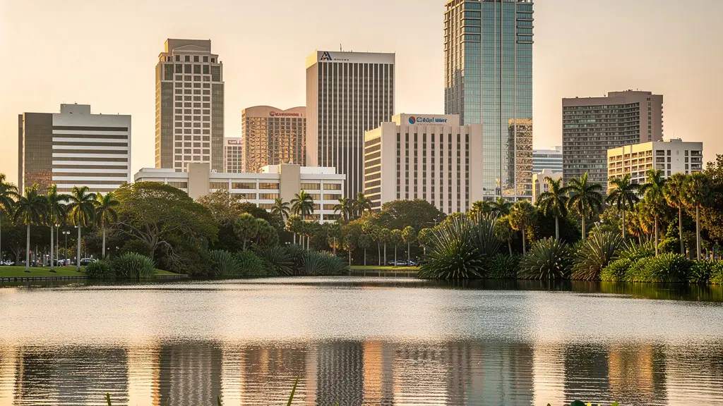 Vue panoramique Orlando downtown avec lac et végétation tropicale pour investissement immobilier