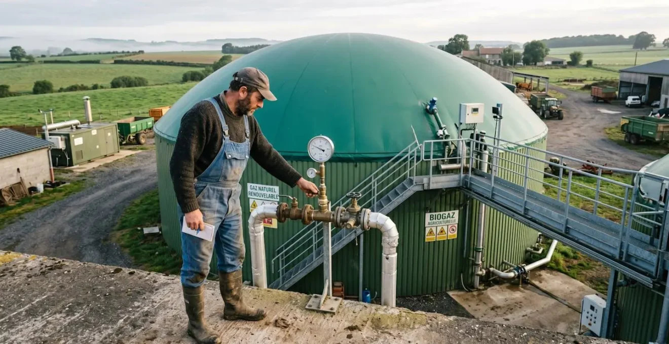 Agriculteur inspectant une cuve de digesteur de méthanisation sur son exploitation avec des champs en arrière-plan