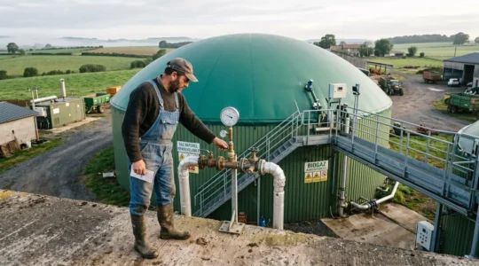 Agriculteur inspectant une cuve de digesteur de méthanisation sur son exploitation avec des champs en arrière-plan