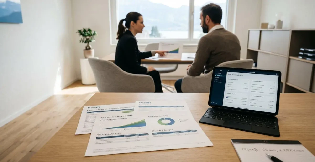 Bureau de conseiller financier moderne avec documents PERIN et graphiques de projection retraite sur table épurée, lumière naturelle, session de conseil patrimonial en arrière-plan