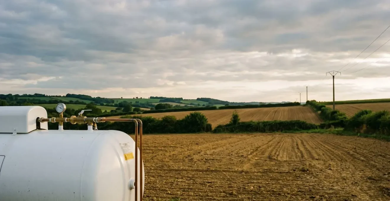 Photographie en plan large d'un paysage rural français montrant une citerne de gaz propane blanche installée au premier plan avec des infrastructures de réseau électrique floues à l'arrière-plan illustrant la distance géographique
