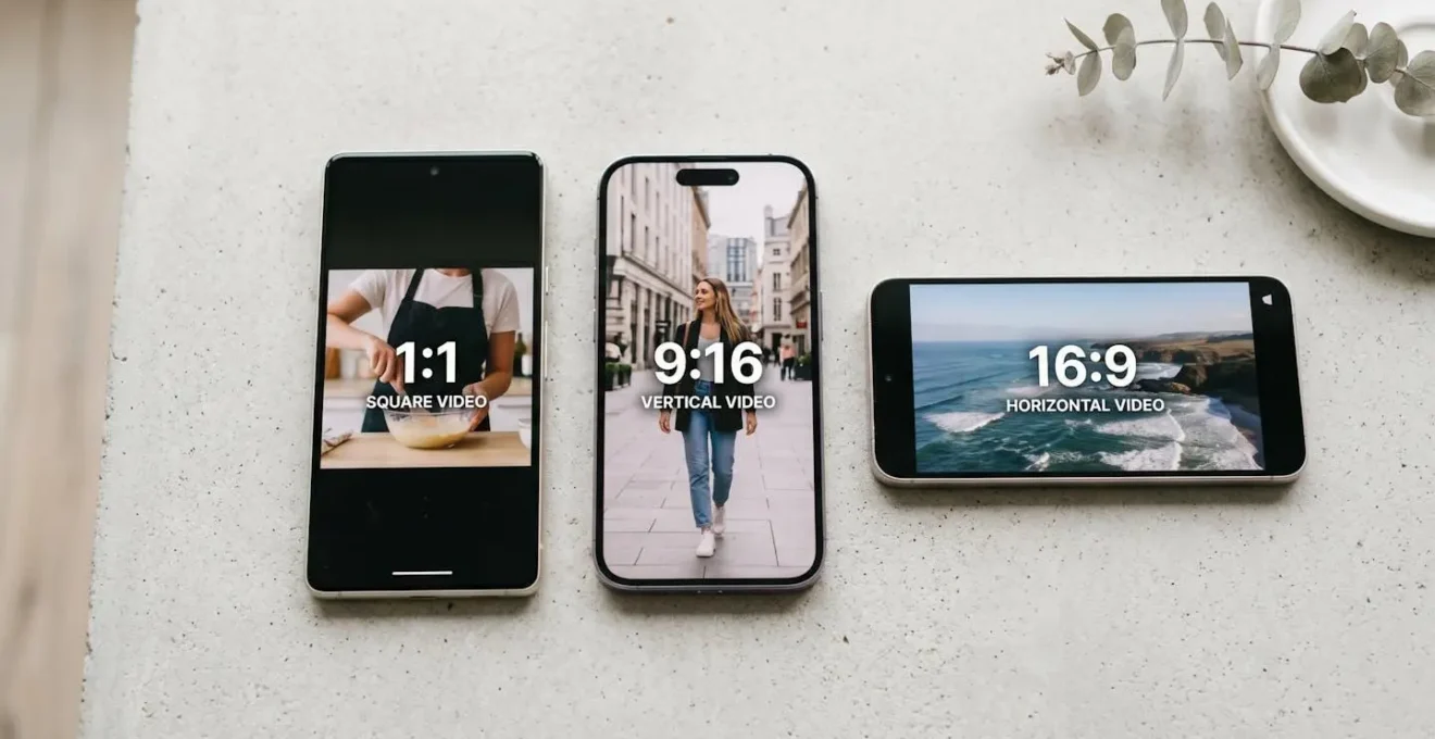 Illustration comparative de trois formats vidéo Facebook sur smartphone : carré, vertical et horizontal, montrant les différences d'affichage