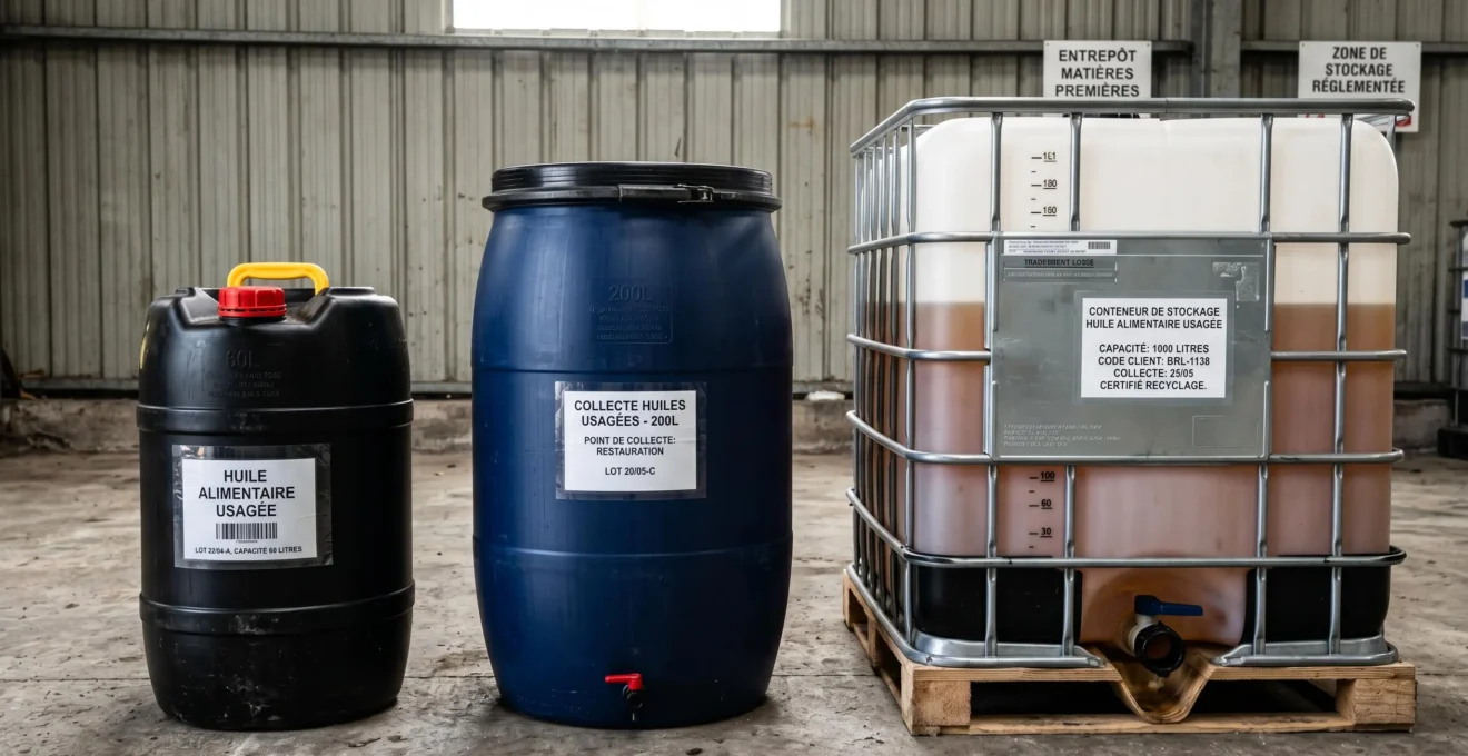 Trois contenants professionnels PEHD pour huiles usagées de capacités croissantes (60L, 200L, 1000L GRV) présentés côte à côte avec étiquettes de traçabilité