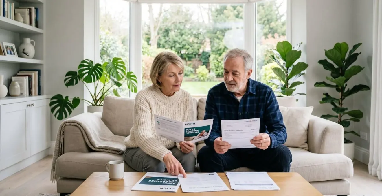 Couple senior consultant documents PERIN dans salon lumineux avec baie vitrée, vue de dos, atmosphère sereine et confiante