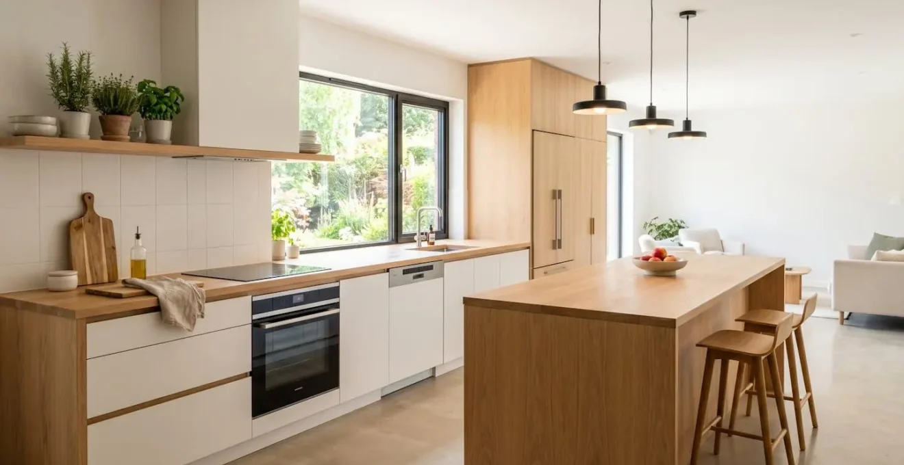Cuisine moderne ouverte avec plan de travail en bois clair, luminosité naturelle et électroménager intégré