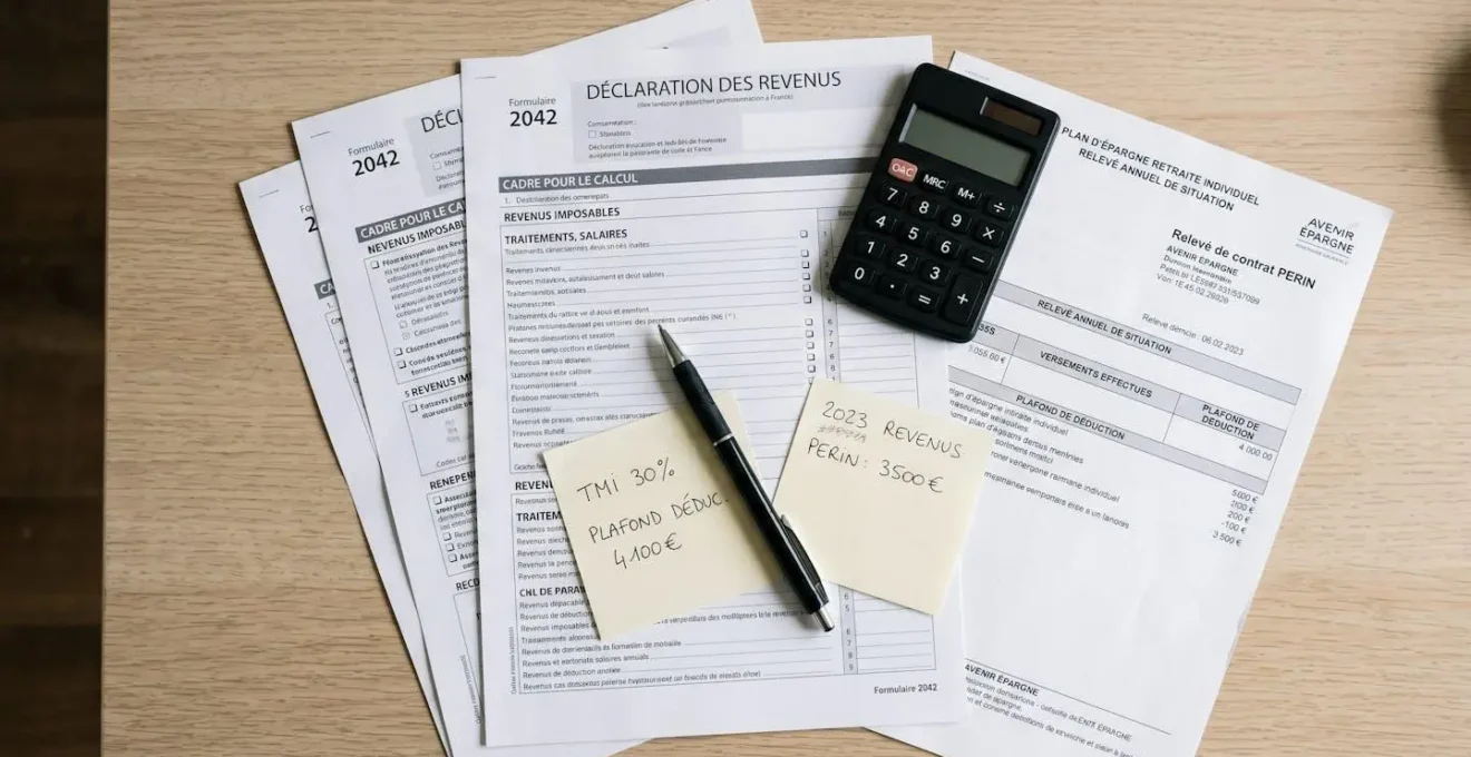 Documents fiscaux français étalés sur bureau : déclaration d'impôts, relevé PERIN, calculatrice et notes manuscrites pour calcul de déduction fiscale