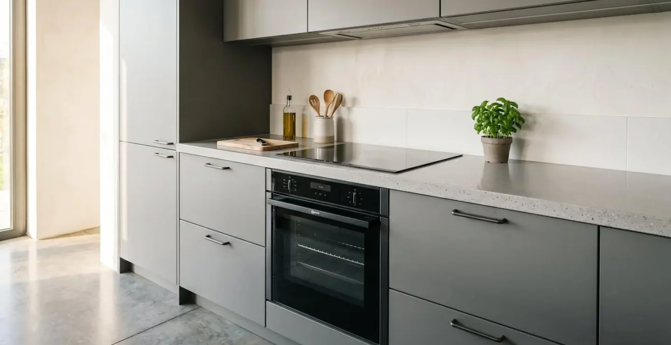 Four encastrable et plaque induction intégrés dans une cuisine contemporaine avec façades grises et poignées métalliques