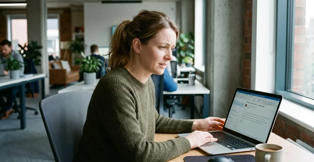 Employé de bureau concentré analysant un email suspect sur son écran d'ordinateur dans un espace de travail ouvert