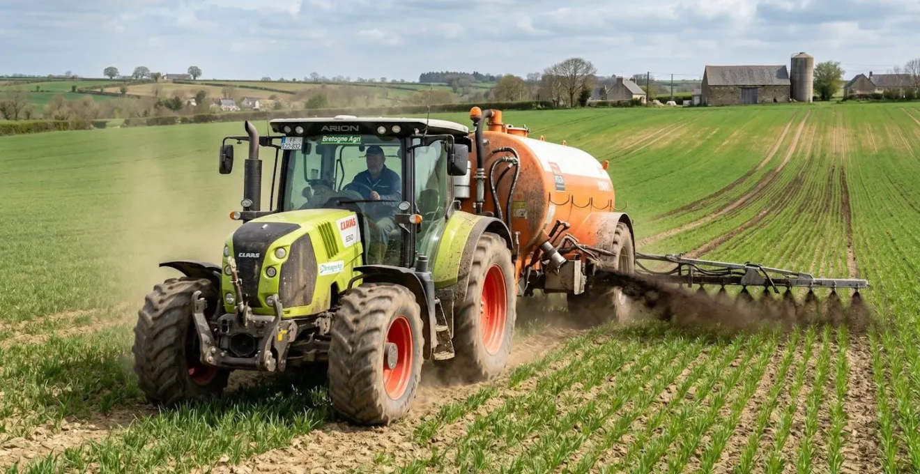 Tracteur épandant du digestat liquide sur une parcelle de céréales au printemps