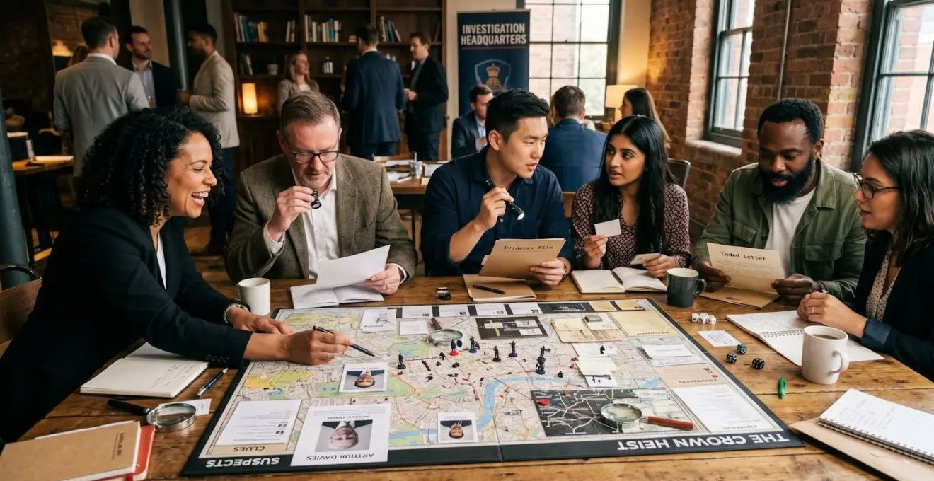 Équipe d'entreprise réunie autour d'un jeu d'enquête géant, analysant des indices sur une grande table