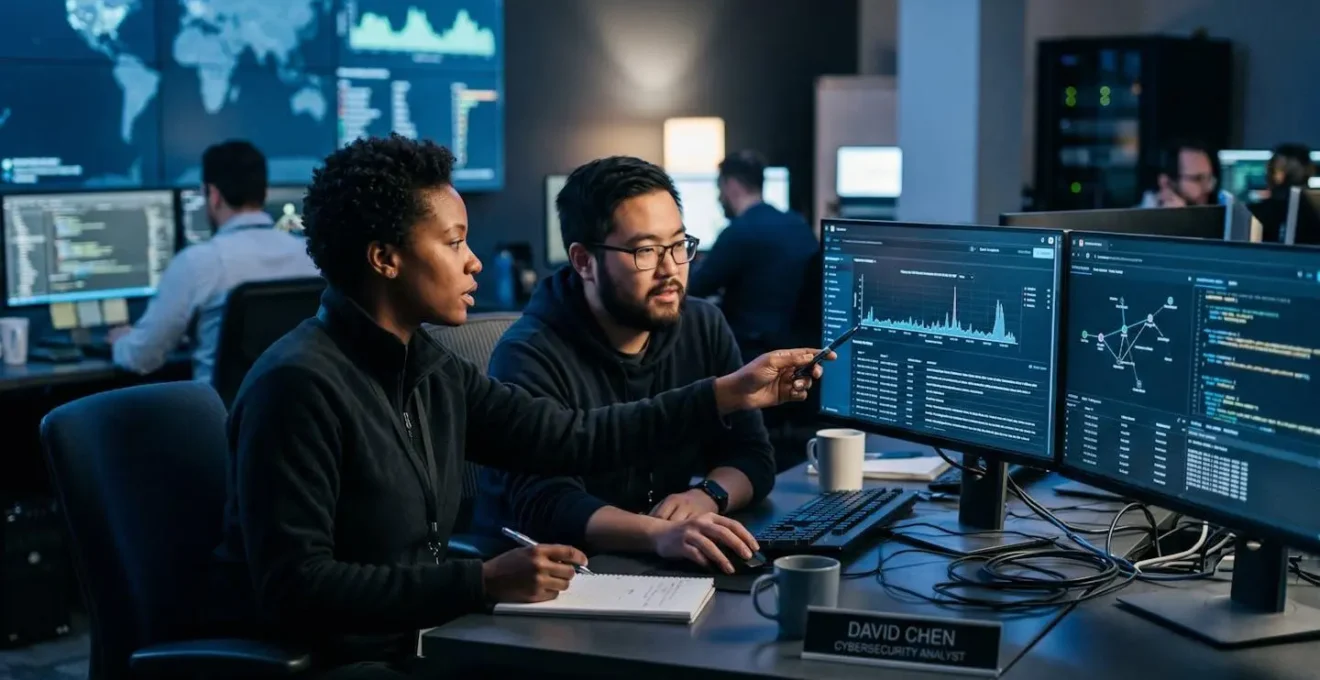 Deux techniciens spécialisés en cybersécurité travaillant ensemble devant des écrans de monitoring dans une salle d'opérations