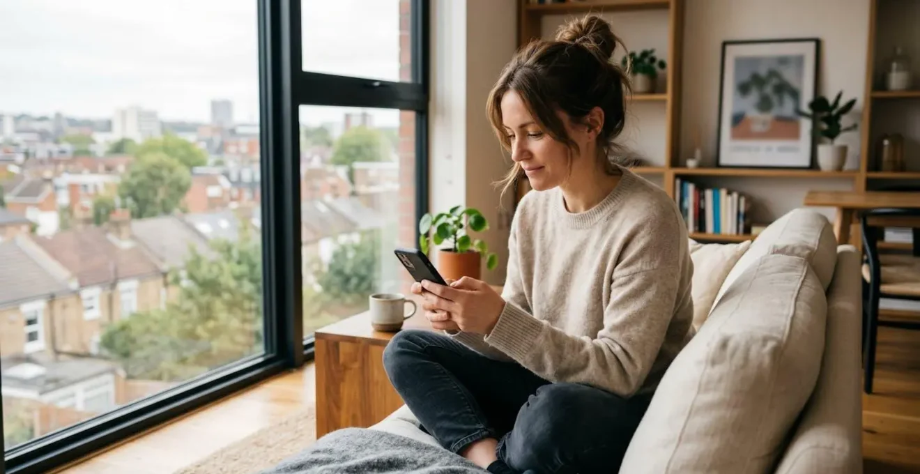 Une femme consulte son compte bancaire en ligne depuis son smartphone dans un espace lumineux