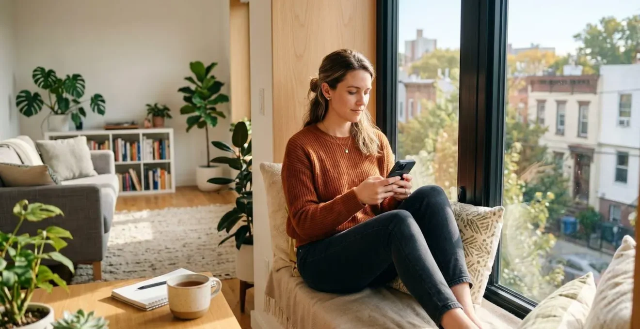 Une femme consulte son compte bancaire en ligne depuis son smartphone dans un espace lumineux