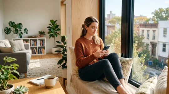 Une femme consulte son compte bancaire en ligne depuis son smartphone dans un espace lumineux