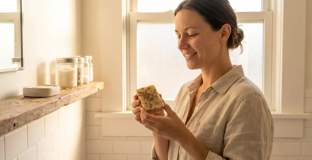 Femme tenant un savon solide artisanal dans une salle de bain épurée et lumineuse