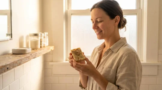 Femme tenant un savon solide artisanal dans une salle de bain épurée et lumineuse