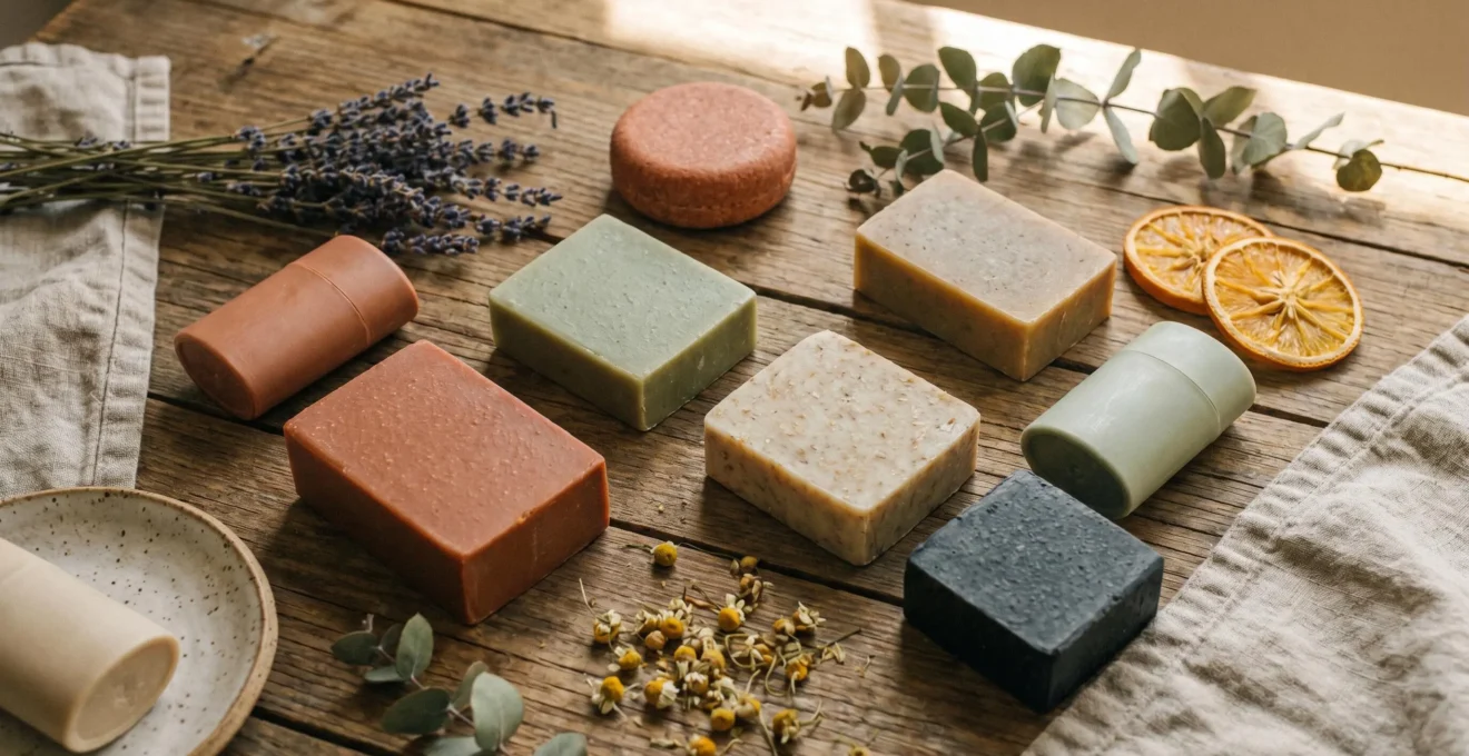 Gamme de cosmétiques solides bio : shampoings, savons et déodorants posés sur une surface en bois naturel