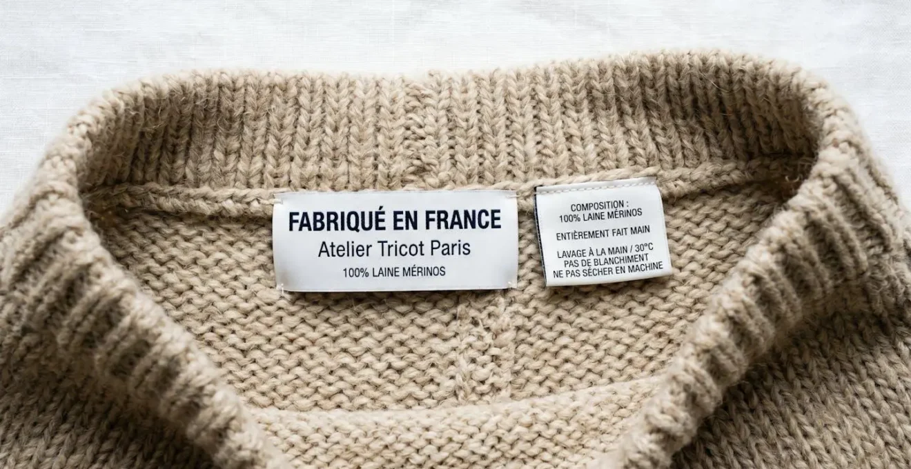 Gros plan sur les étiquettes intérieures d'une jupe en maille montrant la composition en laine et la mention 'Fabriqué en France' cousues sur le vêtement