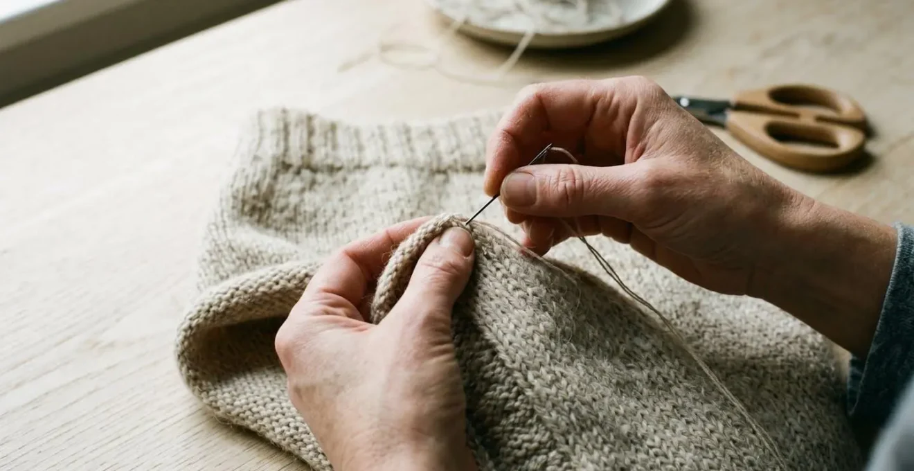Gros plan sur des mains effectuant une finition couture invisible sur l'ourlet d'une jupe en maille laine beige, montrant la précision du travail manuel et la texture régulière du tricot