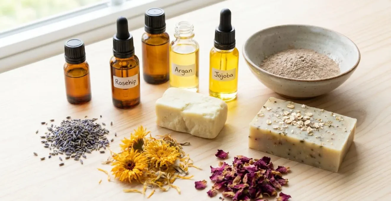 Ingrédients naturels pour savon artisanal : huiles végétales, beurre de karité et herbes séchées sur une surface en bois