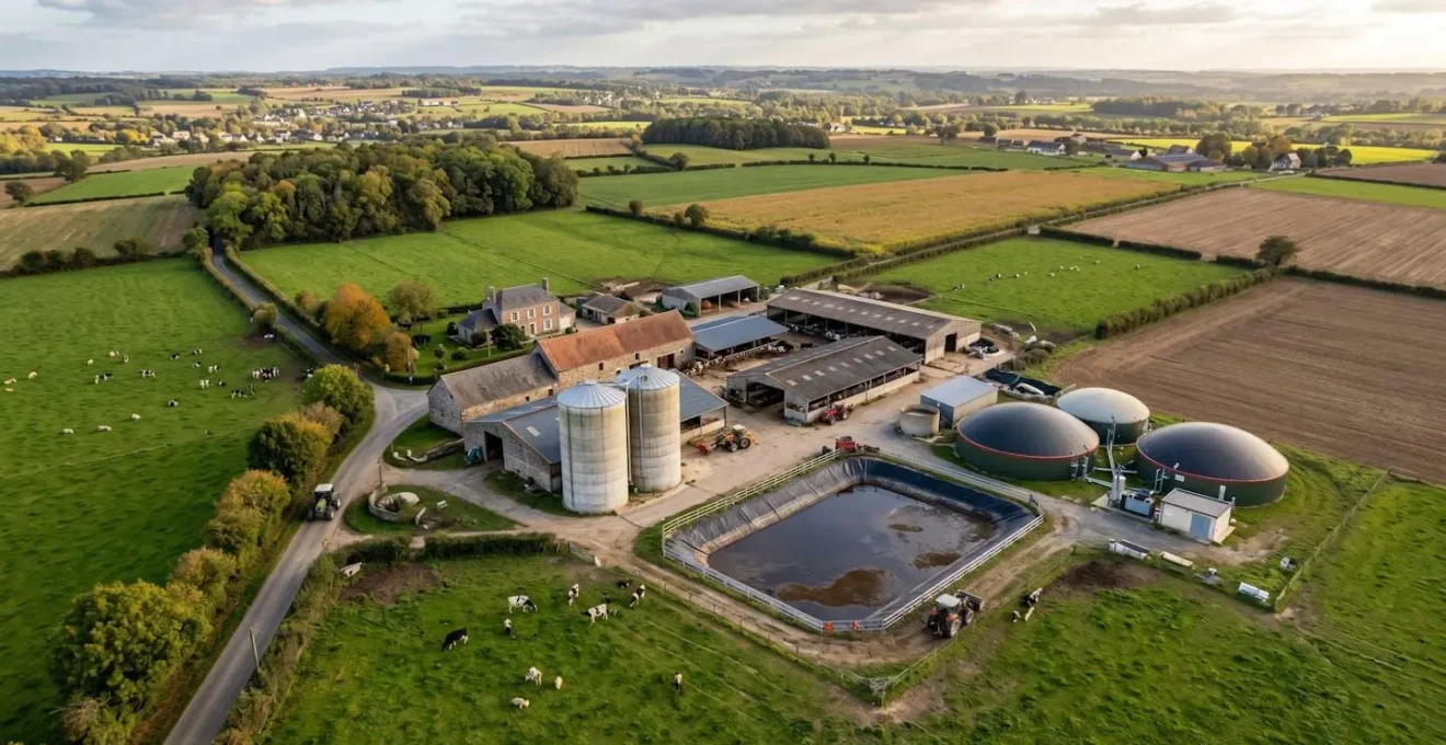 Vue aérienne d'une exploitation agricole montrant silos d'ensilage, fosse à lisier et unité de méthanisation avec digesteur vert