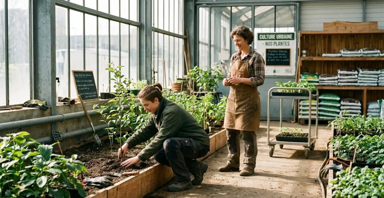 Jeune apprenti en formation MFR travaillant dans un atelier professionnel sous la supervision d'un formateur, lumière naturelle, environnement de travail authentique