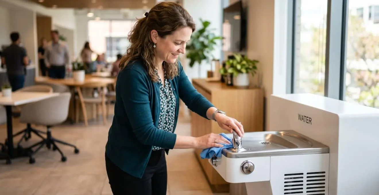 Employée de bureau effectuant la maintenance mensuelle d'une fontaine à eau avec bonbonne dans une salle de pause professionnelle