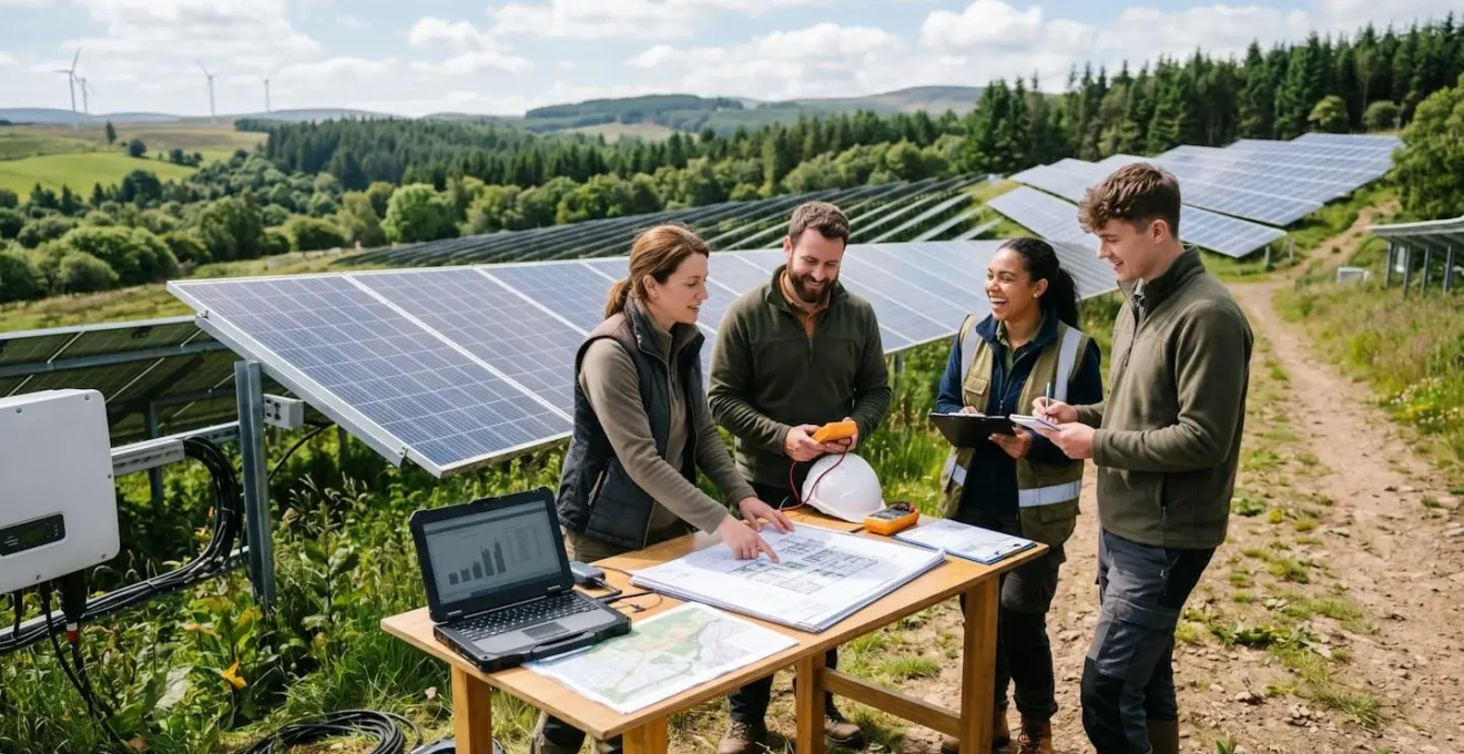 Une équipe travaille sur un projet de transition énergétique en extérieur, symbole de finance responsable