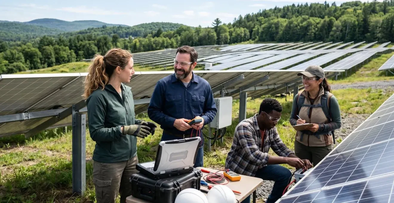 Une équipe travaille sur un projet de transition énergétique en extérieur, symbole de finance responsable