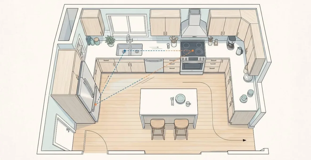 Schéma illustrant le triangle d'activité dans une cuisine moderne avec évier, plaque de cuisson et réfrigérateur bien positionnés