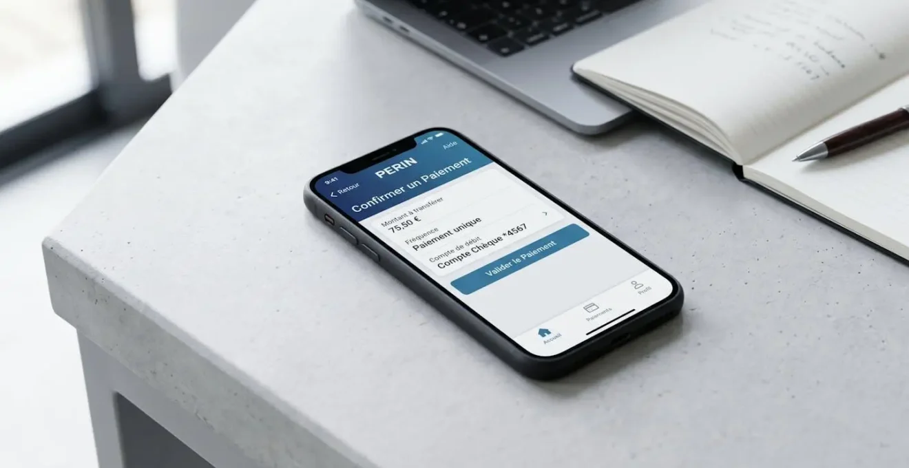 Smartphone affichant interface bancaire PERIN avec écran de versement programmé, posé sur bureau blanc avec clavier en arrière-plan