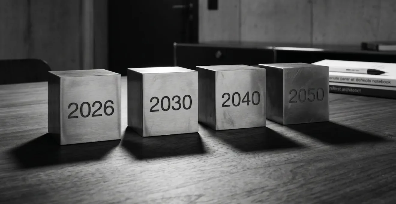 Infographie en escalier ascendant montrant quatre paliers rectangulaires décroissants représentant les échéances du Décret Tertiaire de 2026 à 2050 avec objectifs de réduction de consommation énergétique