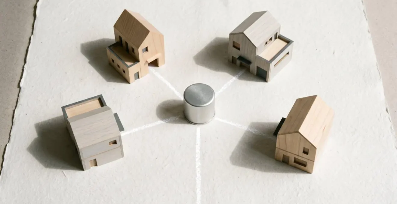 Vue aérienne d'une maquette architecturale montrant une zone artisanale miniature avec citerne de gaz au centre reliée à plusieurs bâtiments industriels par des lignes blanches symbolisant un réseau de distribution autonome