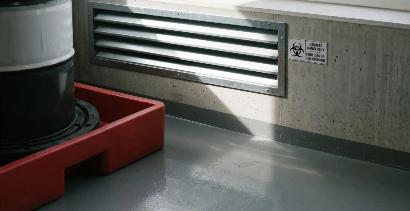 Zone de stockage conforme avec ventilation murale haute, sol époxy imperméable, contenants sur palette avec bac de rétention et porte large facilitant l'accès