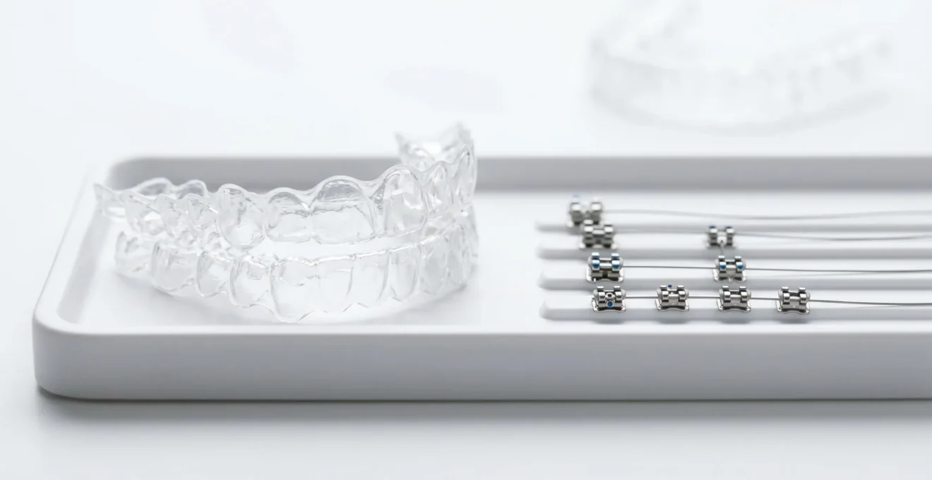 Aligneurs transparents et attaches orthodontiques linguales disposés sur plateau médical blanc