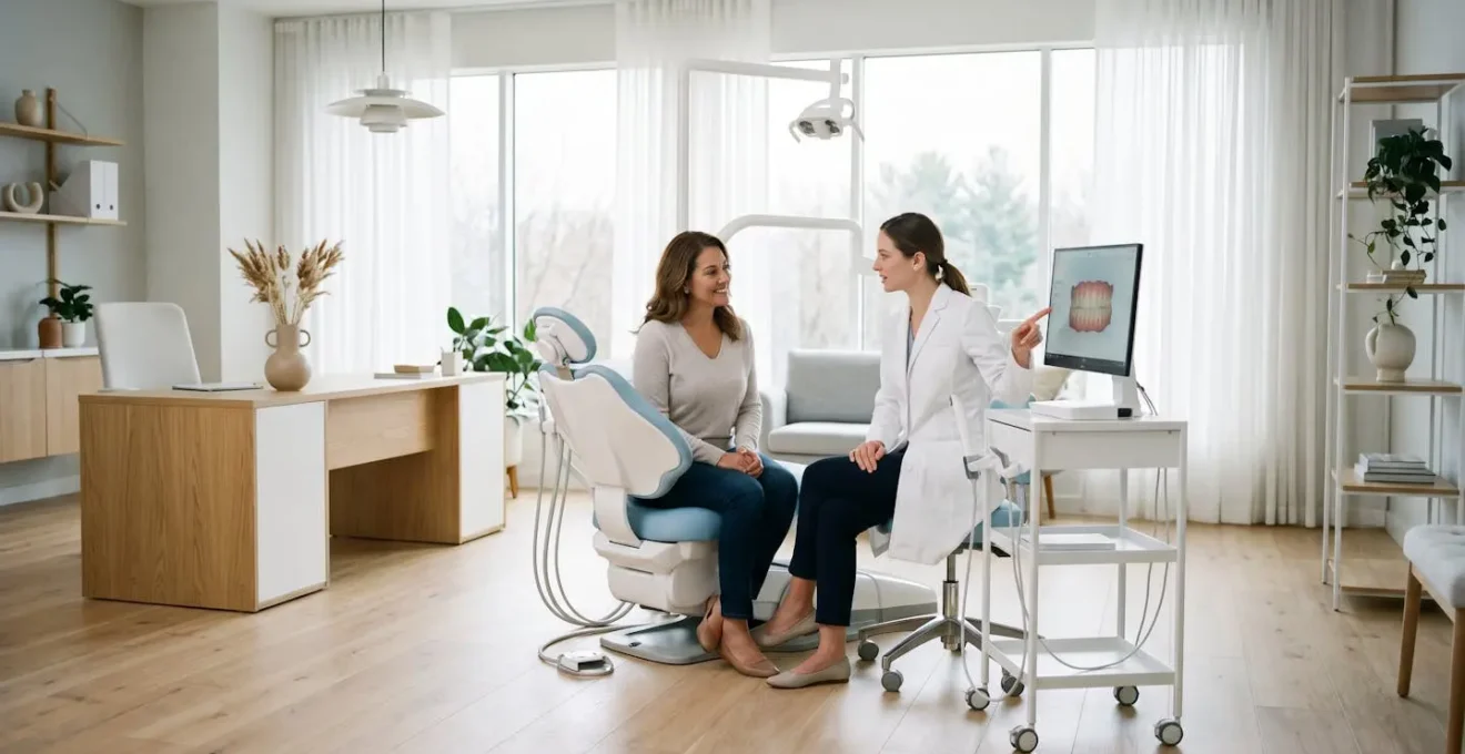 Cabinet d'orthodontie moderne avec équipement de scanner 3D et praticien en consultation avec patient adulte