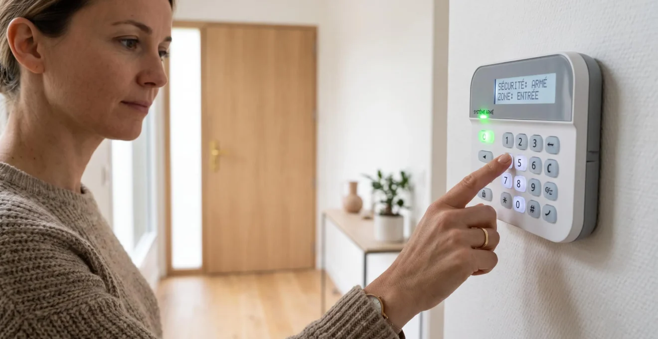 Main de femme adulte activant le clavier de commande mural d'un système d'alarme moderne dans l'entrée d'une maison contemporaine, voyant vert indiquant l'activation du système, intérieur sobre et lumineux en arrière-plan.