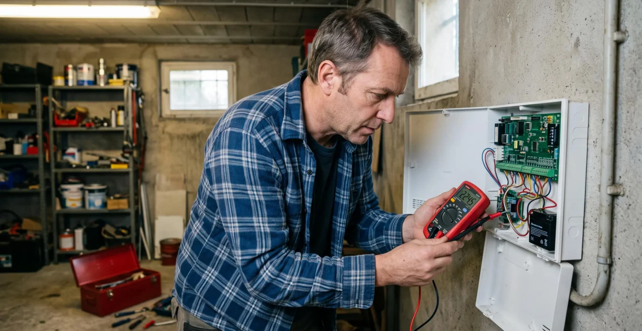 Propriétaire d'âge moyen diagnostiquant lui-même une centrale d'alarme murale ouverte avec un multimètre rouge dans son garage, regard concentré sur l'affichage de l'appareil, environnement technique résidentiel avec étagères et boîte à outils.
