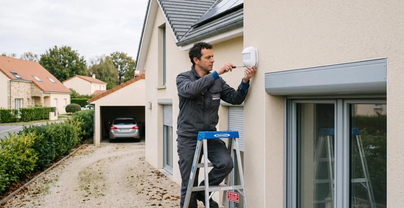 Technicien certifié installant un détecteur de mouvement blanc sur la façade extérieure d'une maison contemporaine française, perché sur une échelle, concentré sur le vissage précis du boîtier au-dessus d'une fenêtre à volet roulant, dans un environnement résidentiel pavillonnaire.