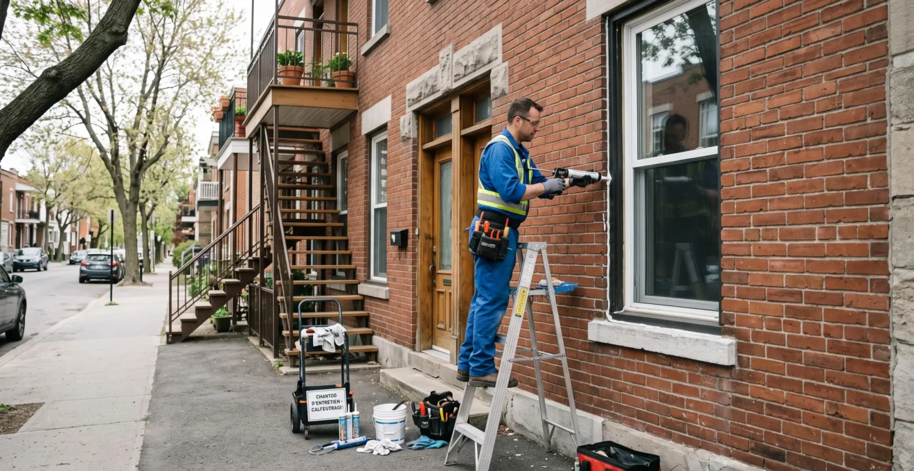 Technicien professionnel appliquant du calfeutrage polyuréthane sur l'encadrement d'une fenêtre de bâtiment résidentiel québécois