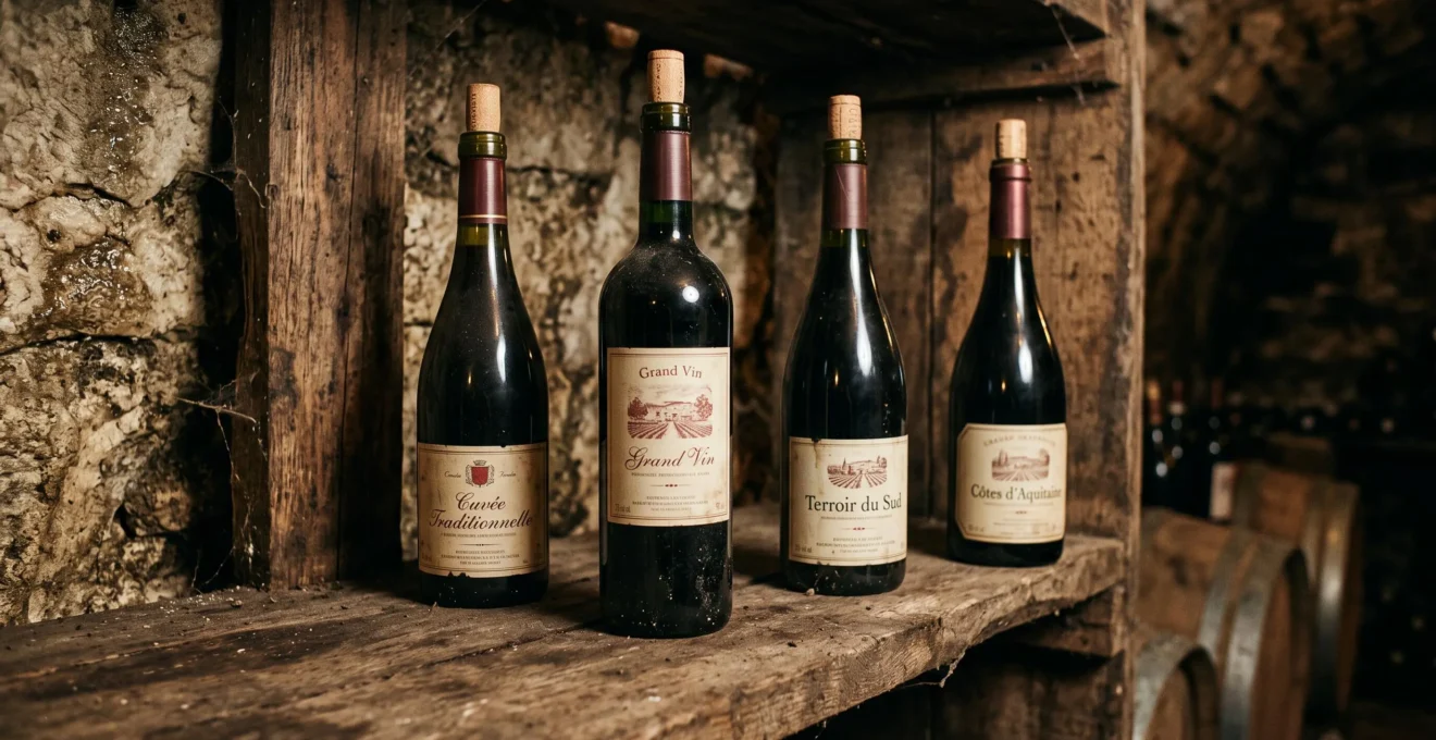 Bouteilles de vins rouges français disposées dans une cave traditionnelle représentant différents profils de tanins